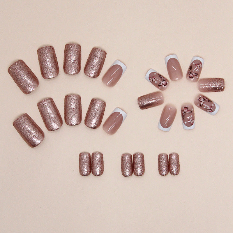 Sparkling Rose Pink Butterfly Square Fake Nails