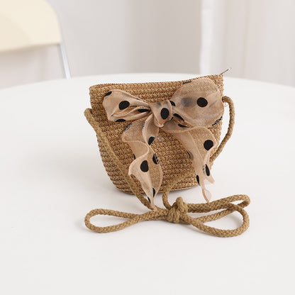 Girls' Polka Dot Bow Kids Bag Straw Beach Sun Hat