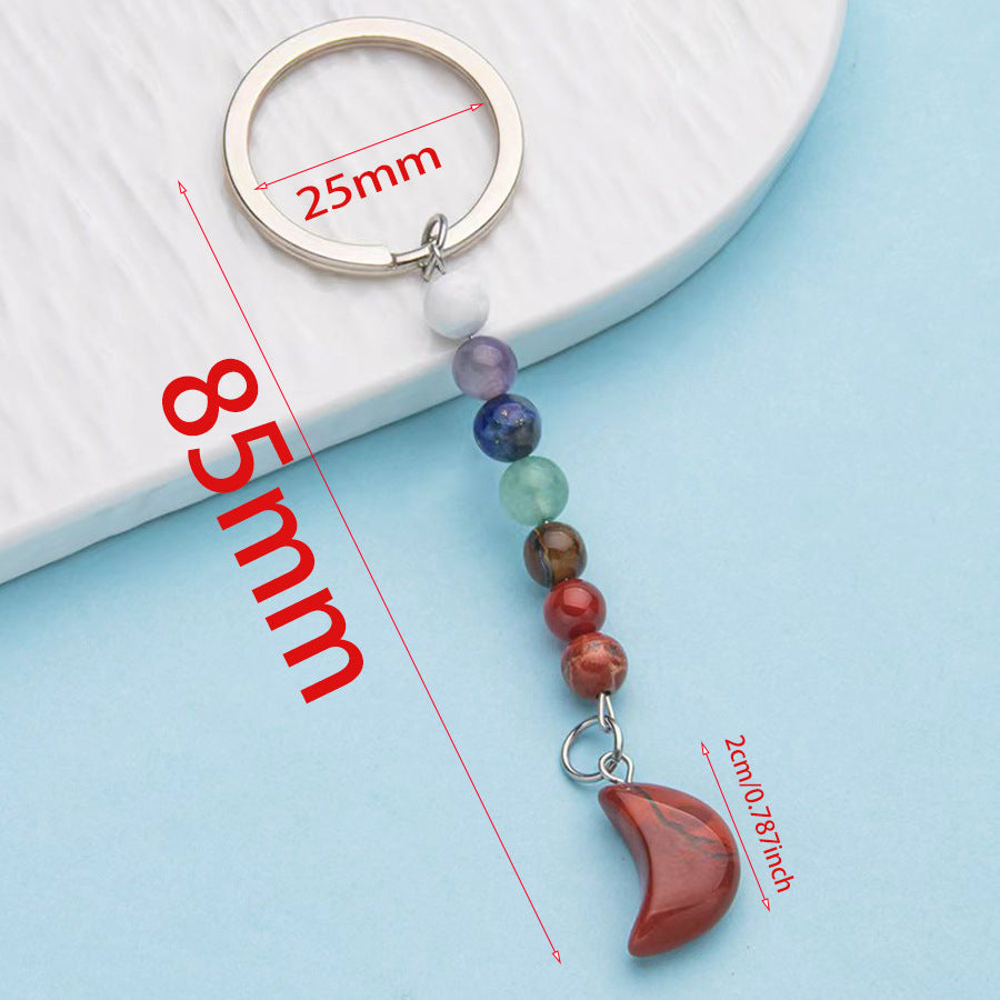 Chaveiro de aço inoxidável com pingente de lua de ágata de cristal natural colorido 