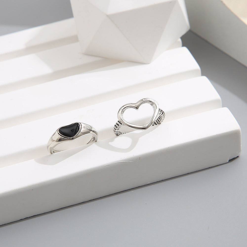 Vintage hollow heart open ring 2-piece set