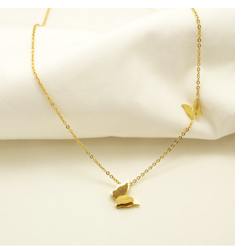 Women's Rose Gold Frosted Double Butterfly Titanium Steel Collarbone Necklace