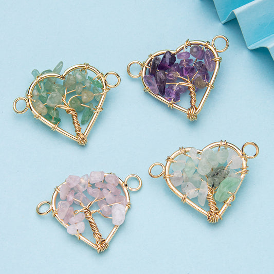 Pingente de árvore da vida em cascalho enrolado em arame de cristal de duas cabeças 