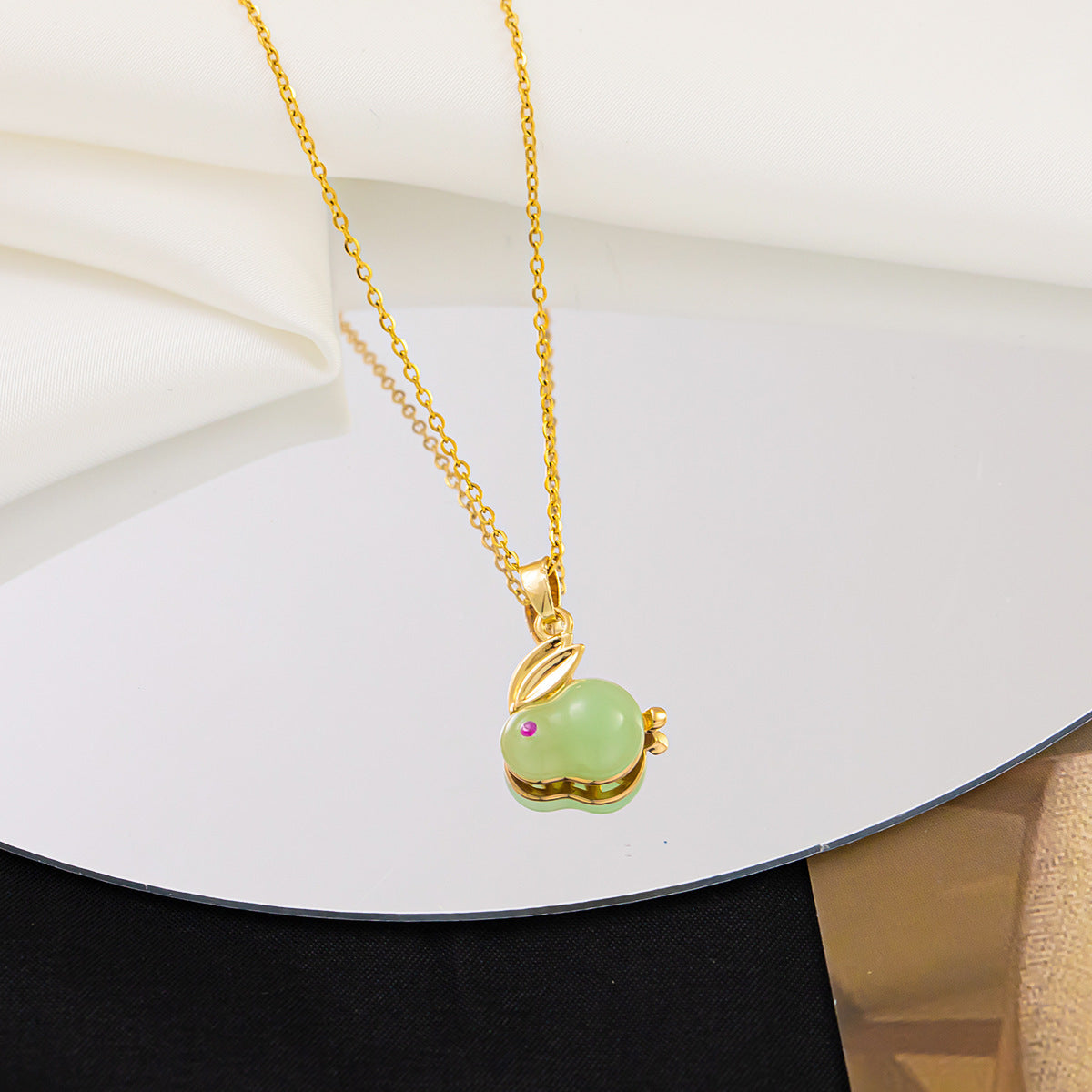 Women's Non-Fading Titanium-Steel Clavicle Necklace with Imitation Hetian Jade Rabbit Charm