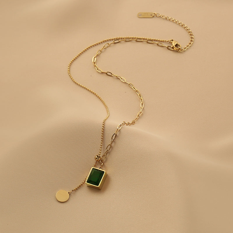 Emerald & Diamond Titanium Steel Adjustable Collarbone Necklace