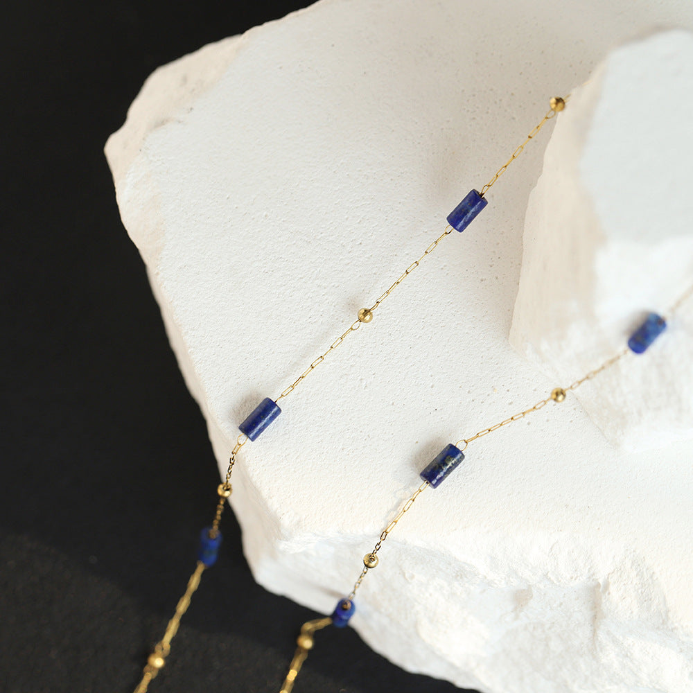 Handmade Lapis Lazuli Tube-Bead Gold-Plated Titanium Steel Collarbone Necklace