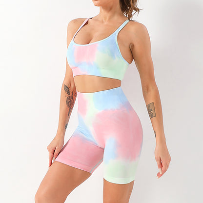 Conjunto de yoga de cintura alta con efecto tie-dye sin costuras 