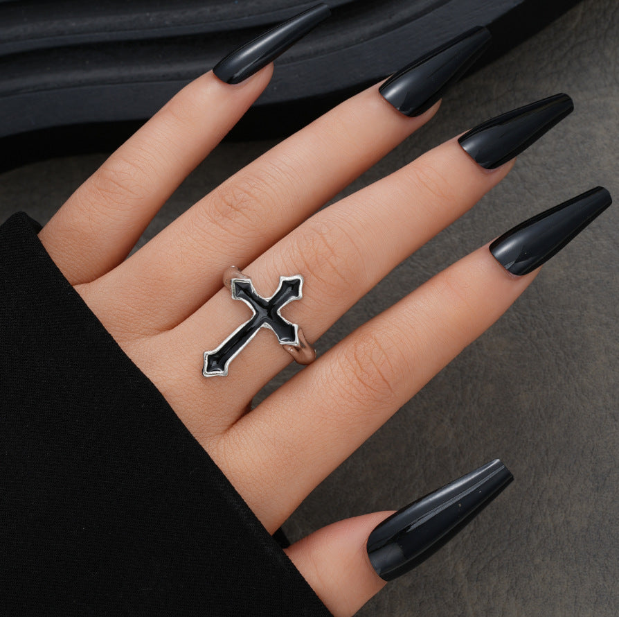 Dark Oil Drip Cross Ring