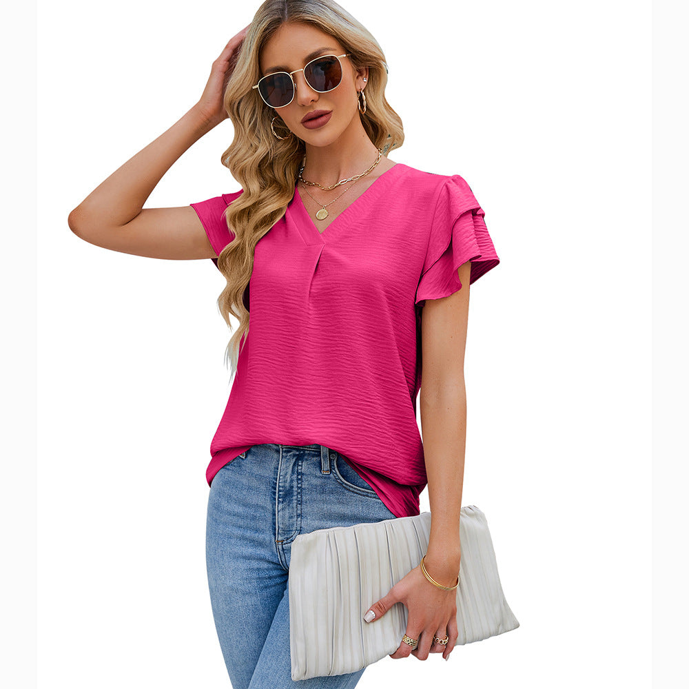 V-neck chiffon ruffle shirt short sleeve