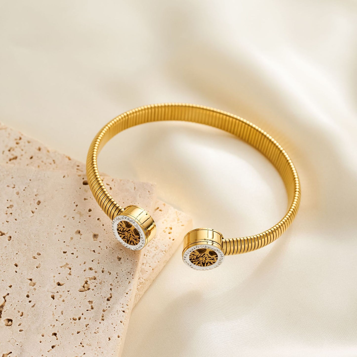 Titanium Steel 18K Gold-Plated Fortune Tree Diamond Hinged Bracelet