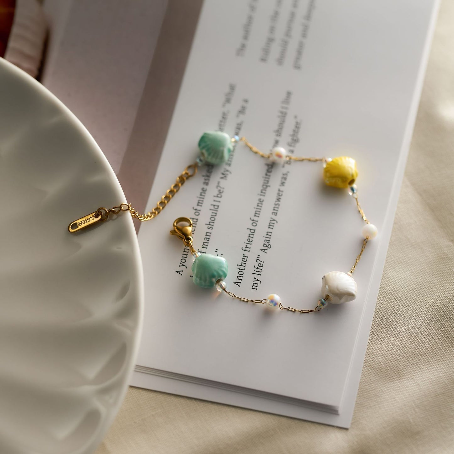 Women's Shell Pearl & Ceramic Bracelet — Titanium Steel, 18K Gold Plated, Beach Style