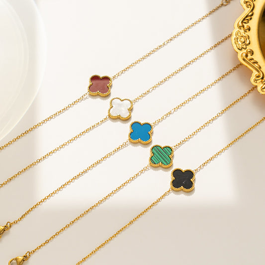 Pulsera de mujer de acero titanio - Trébol blanco y negro, cadena de oro rosa 