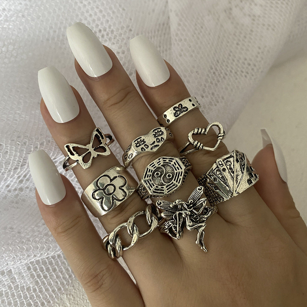 Retro Crying Face & Daisy 9-Piece Ring Set