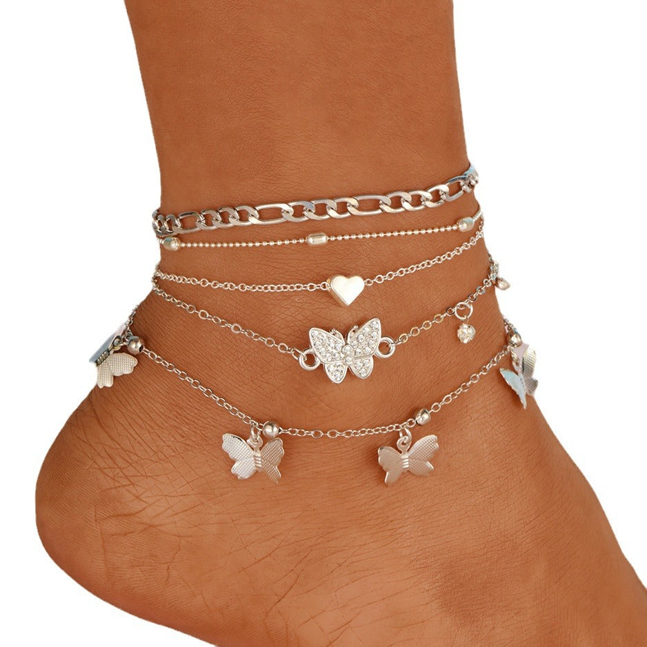 4-Piece Butterfly Bead Heart Anklet Set