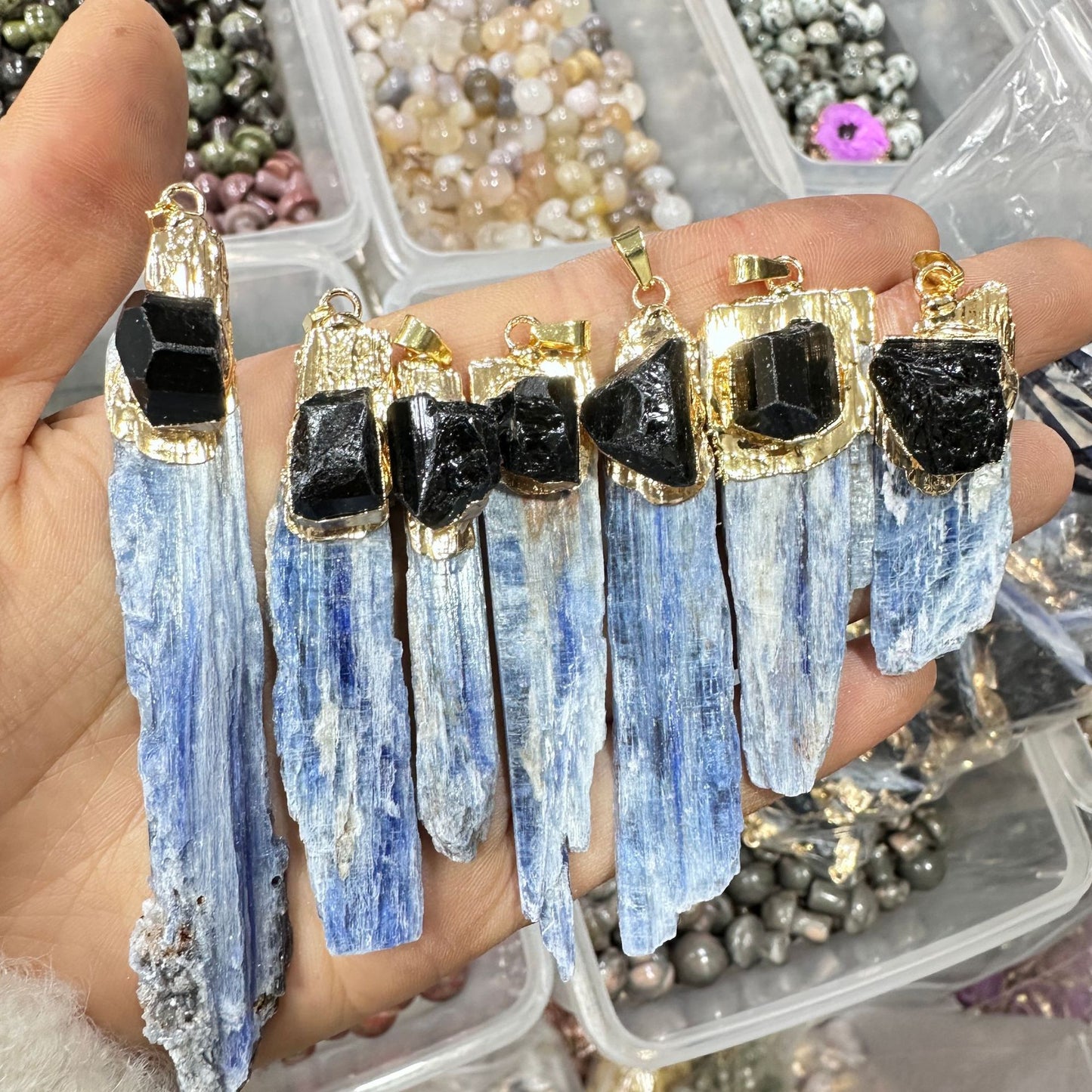 Blue Quartz Bar Inlaid Amethyst Black Diamond Pendant