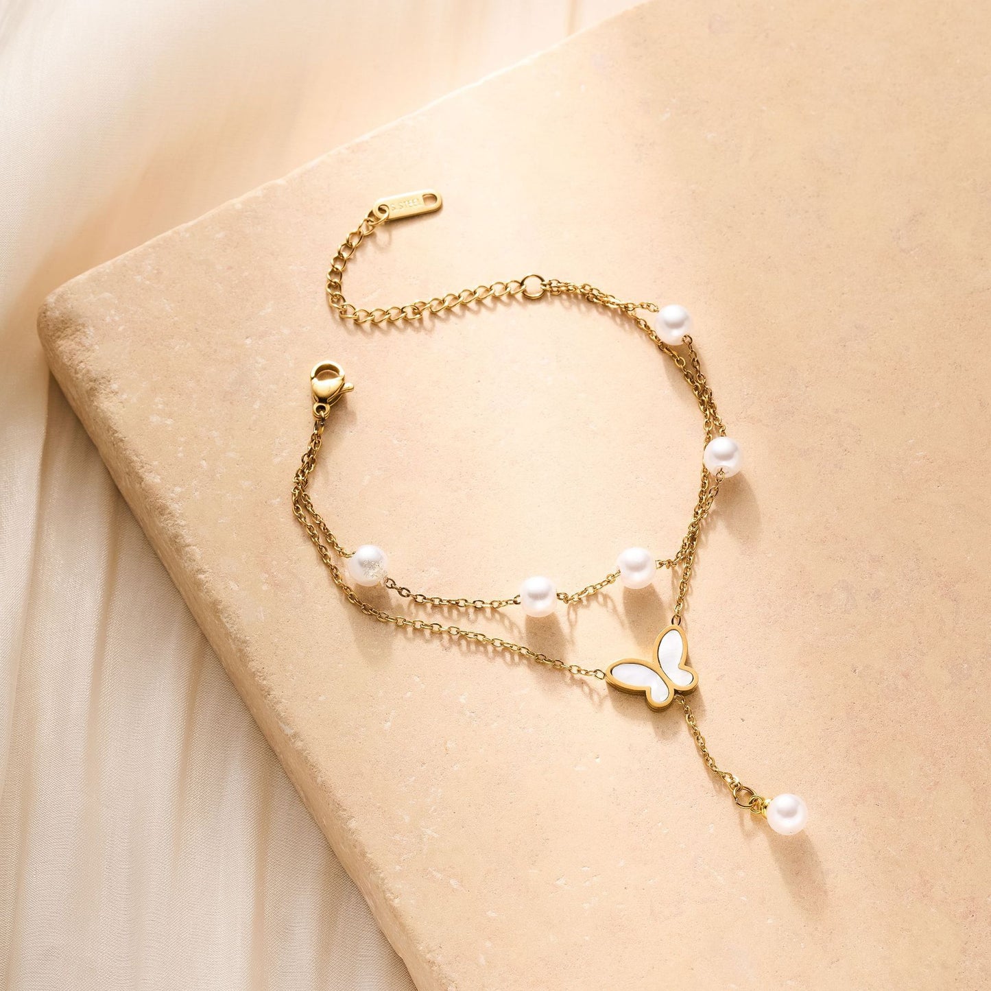 18K Gold Pearl Butterfly Bracelet