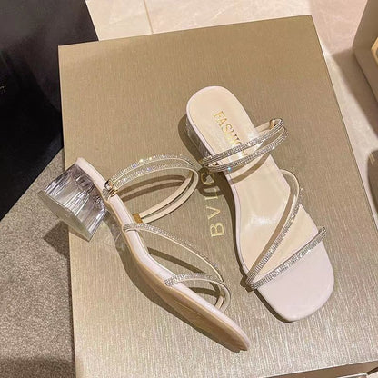 French thick heel rhinestone slippers