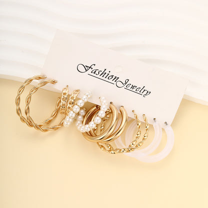 C-shaped gold circle resin pearl earrings 6-piece set