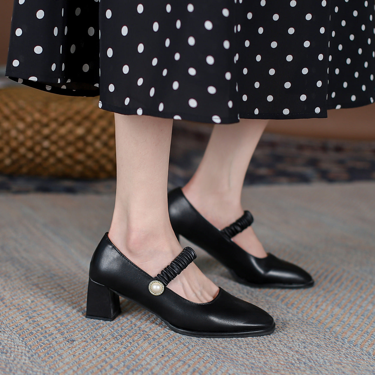 Square head shallow mouth high heel single shoes women