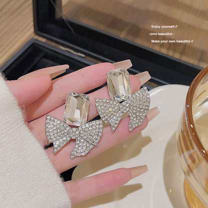 Full Diamond Bow Square Crystal Earrings