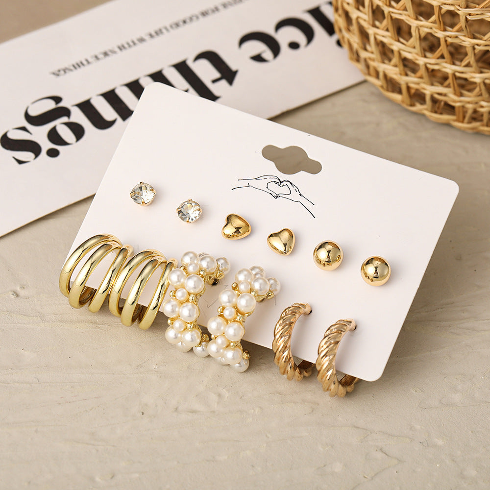 Pearl & Gold Stud Earring Set (6-Piece)