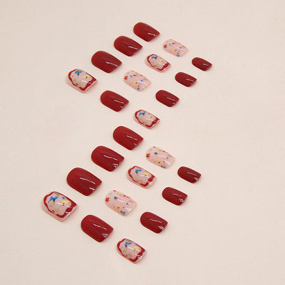 Short Wine Red Floral Square Fake Nails