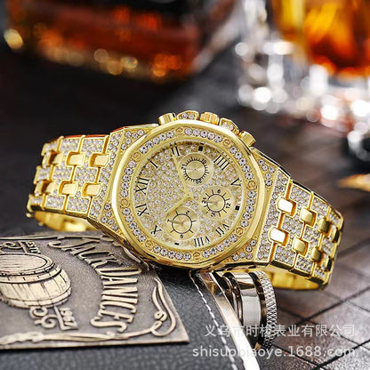 Starry Steel Band Mens Watch Diamond-Embedded Three-Eye