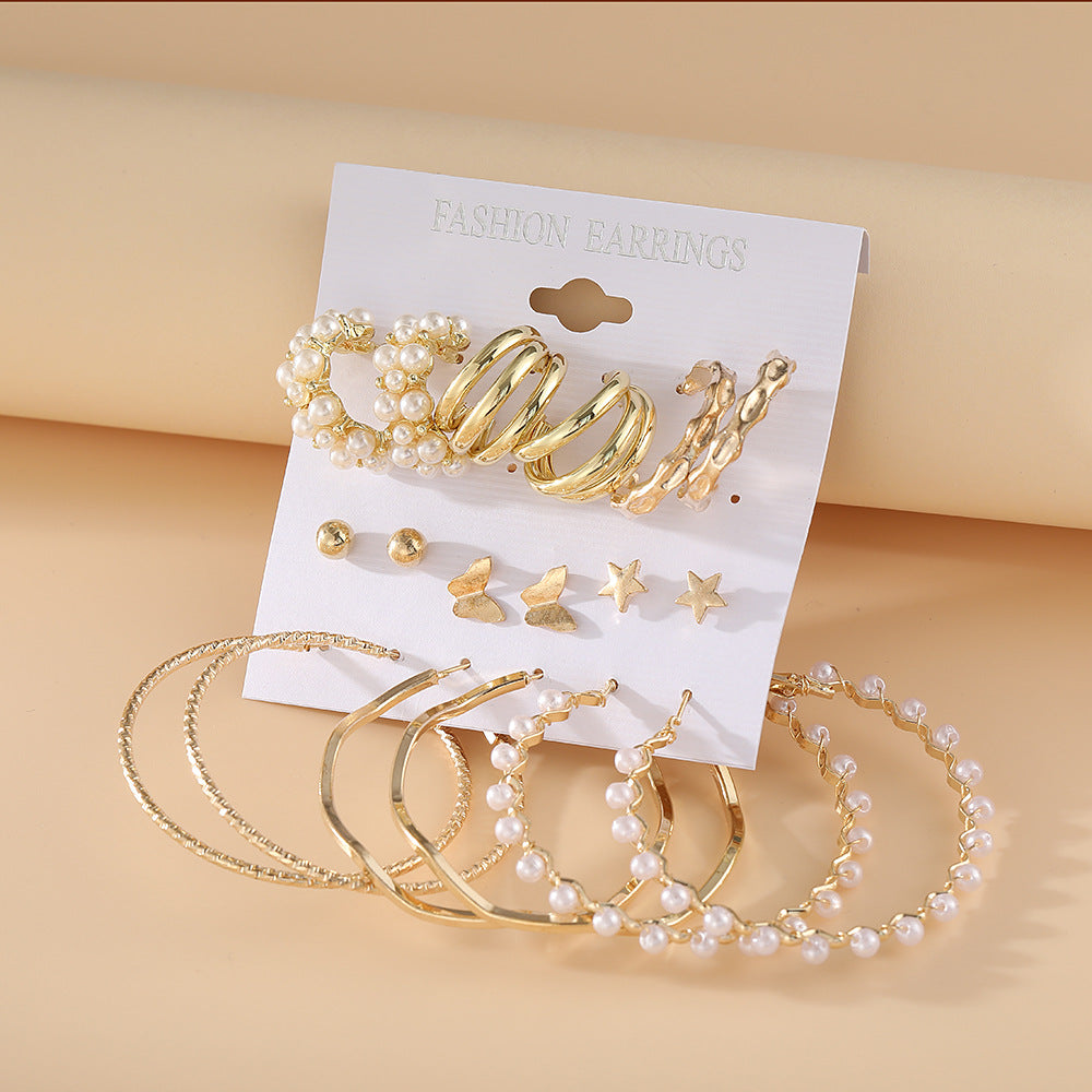 Retro Pearl & Butterfly 9-Piece Earring Set