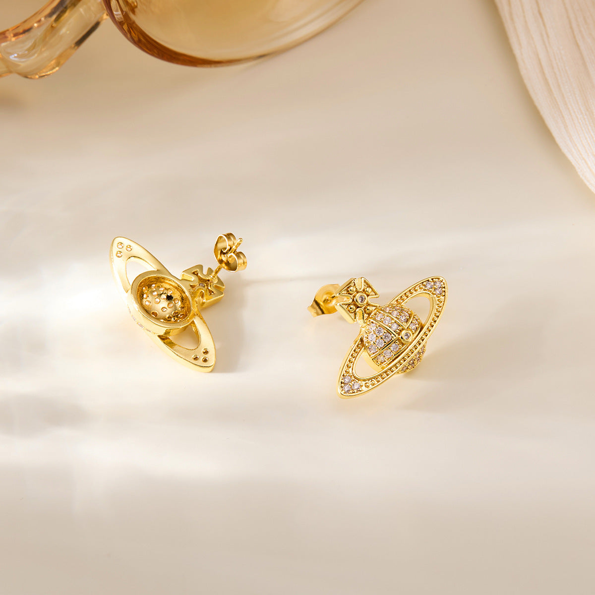 Saturn Planet Stud Earrings with Sparkling Stones