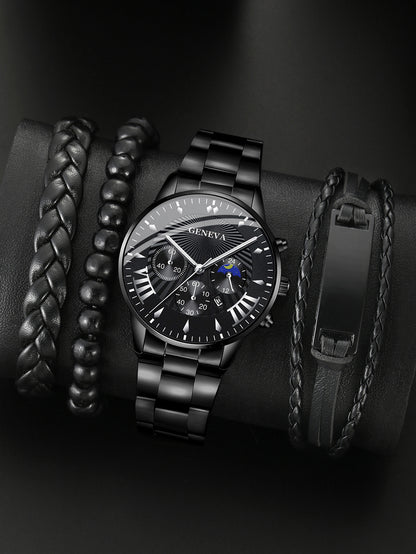 Steel belt quartz watch 3 bracelets Iron plate set