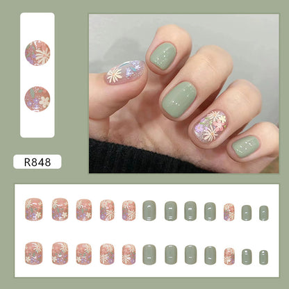 Spring Fresh Flower Green Short Nails 24 Pieces