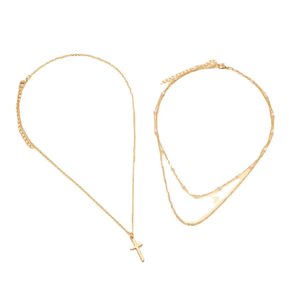 Multi-Layer Pearl Cross Necklace