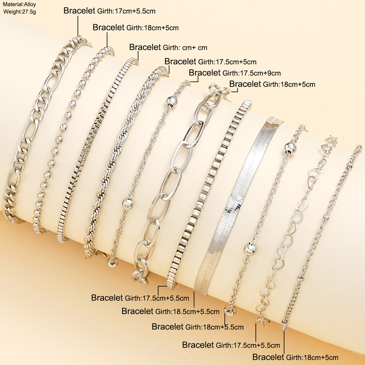 11-Piece Stacked Chain Bracelet Set