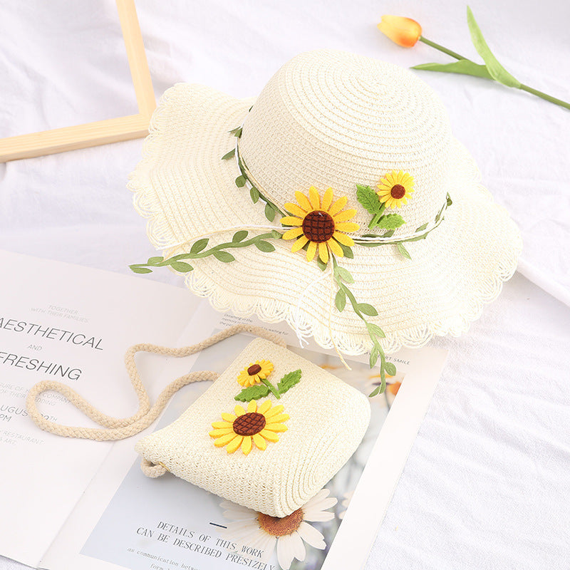 Girls' Beach Princess Hat Floral Straw Bag Set Sun Summer Cool