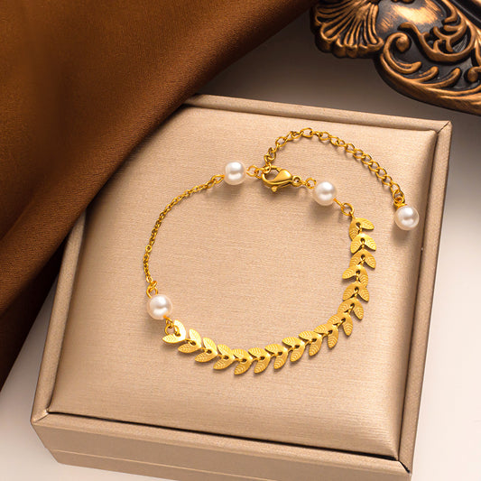 Pulsera Perla Hoja de Trigo, Diseño Único, Ajustable - Al Por Mayor