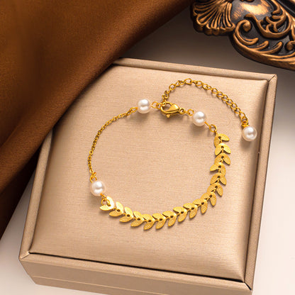 Pulsera Perla Hoja de Trigo, Diseño Único, Ajustable - Al Por Mayor