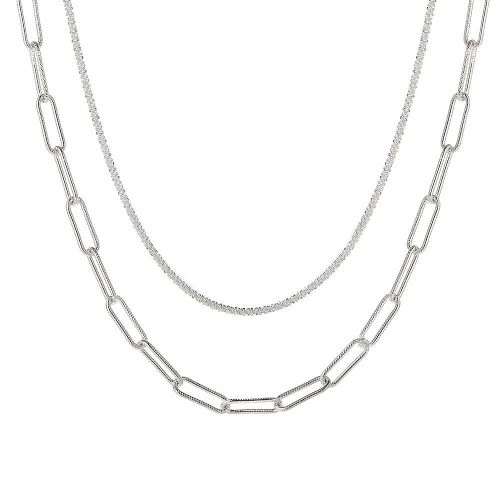Collar de cadena de clavícula doble apilada en plata 