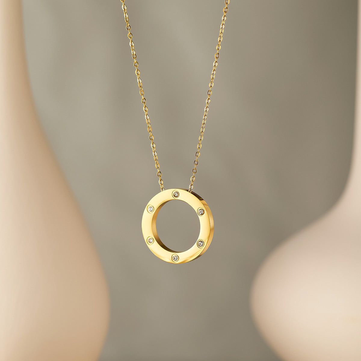 Titanium Steel Statement Ring Pendant Necklace — 18K Gold-Plated, Diamond Finish, Non-Fading