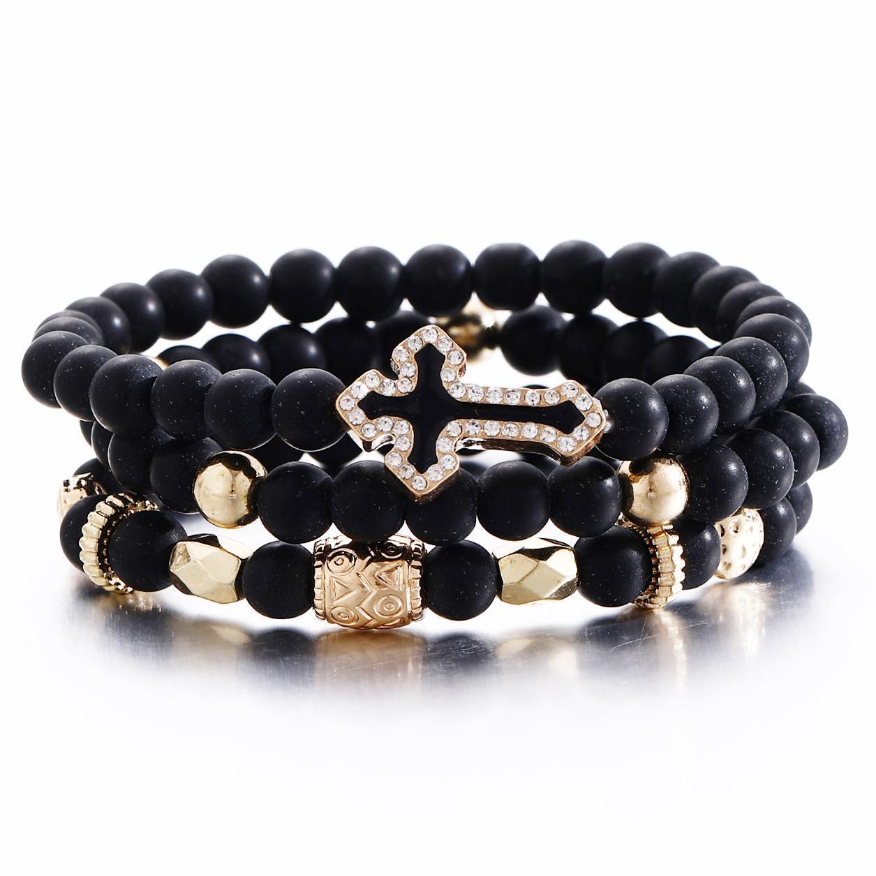 Matte Gold Bead Cross Bracelet Set