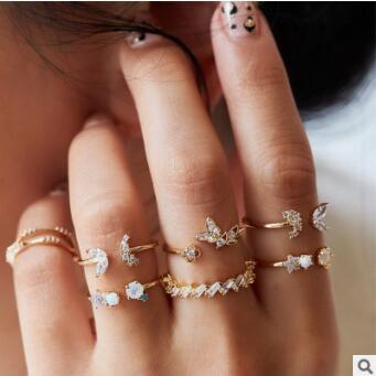 Star Moon & Leaf 10-Piece Ring Set