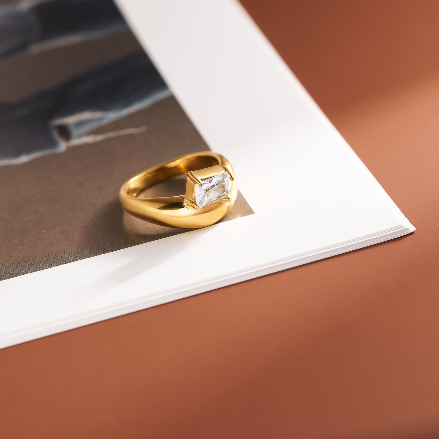 18K Gold-Plated Stainless Steel Zircon Geometric Ring — Round & Square Design