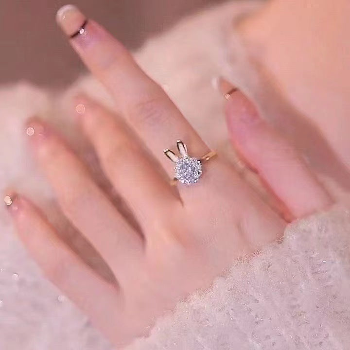 Cute Adjustable Rotating Rabbit Zircon Ring