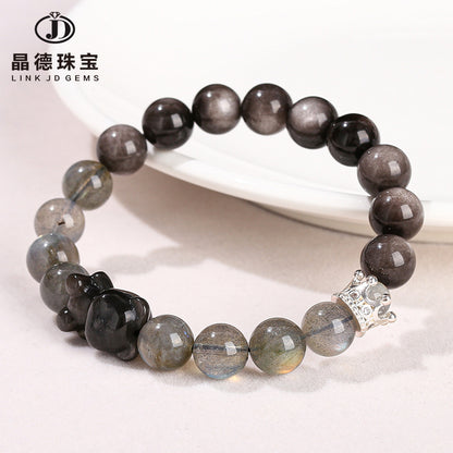 7A natural gray moonstone silver obsidian bear bracelet.
