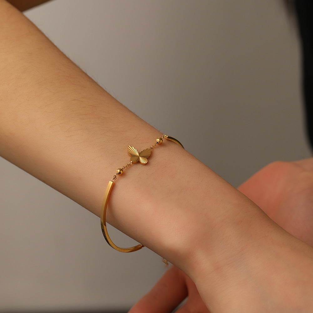 Women's Titanium Steel 18K Gold-Plated Butterfly Floral Bracelet