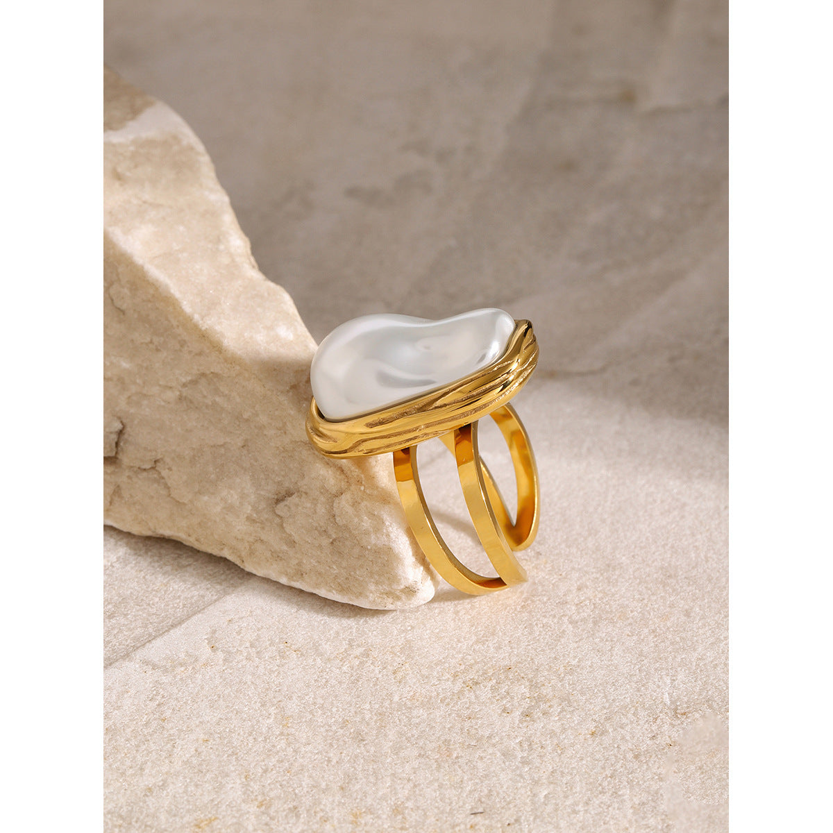 Stainless Steel Baroque Pearl Open Ring