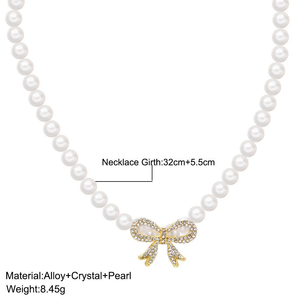 Diamond Bow Pearl Necklace