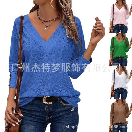 V-Neck Shoulder Long Sleeve Button T-Shirt