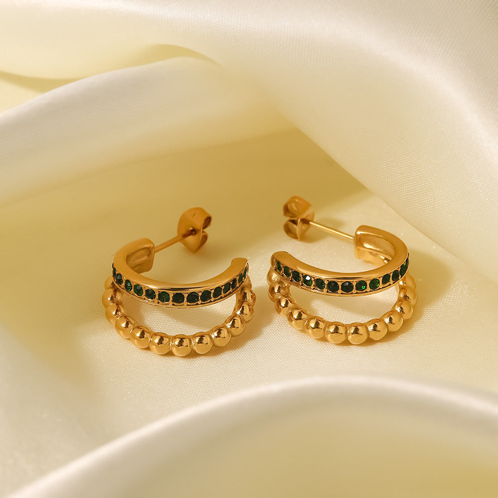 C-shaped double-layer green diamond earrings