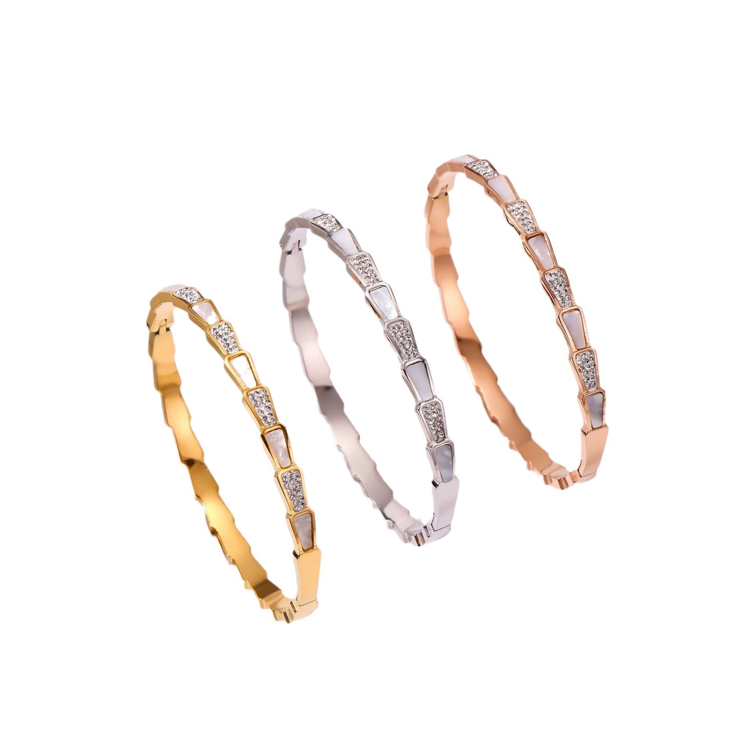 Snake Bone Shell Titanium Steel Bracelet with Micro Zircon Fan-Leaf Charm