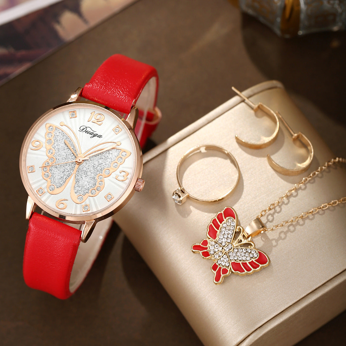Rose Gold Diamond Butterfly Watch Pearl Jewelry Set