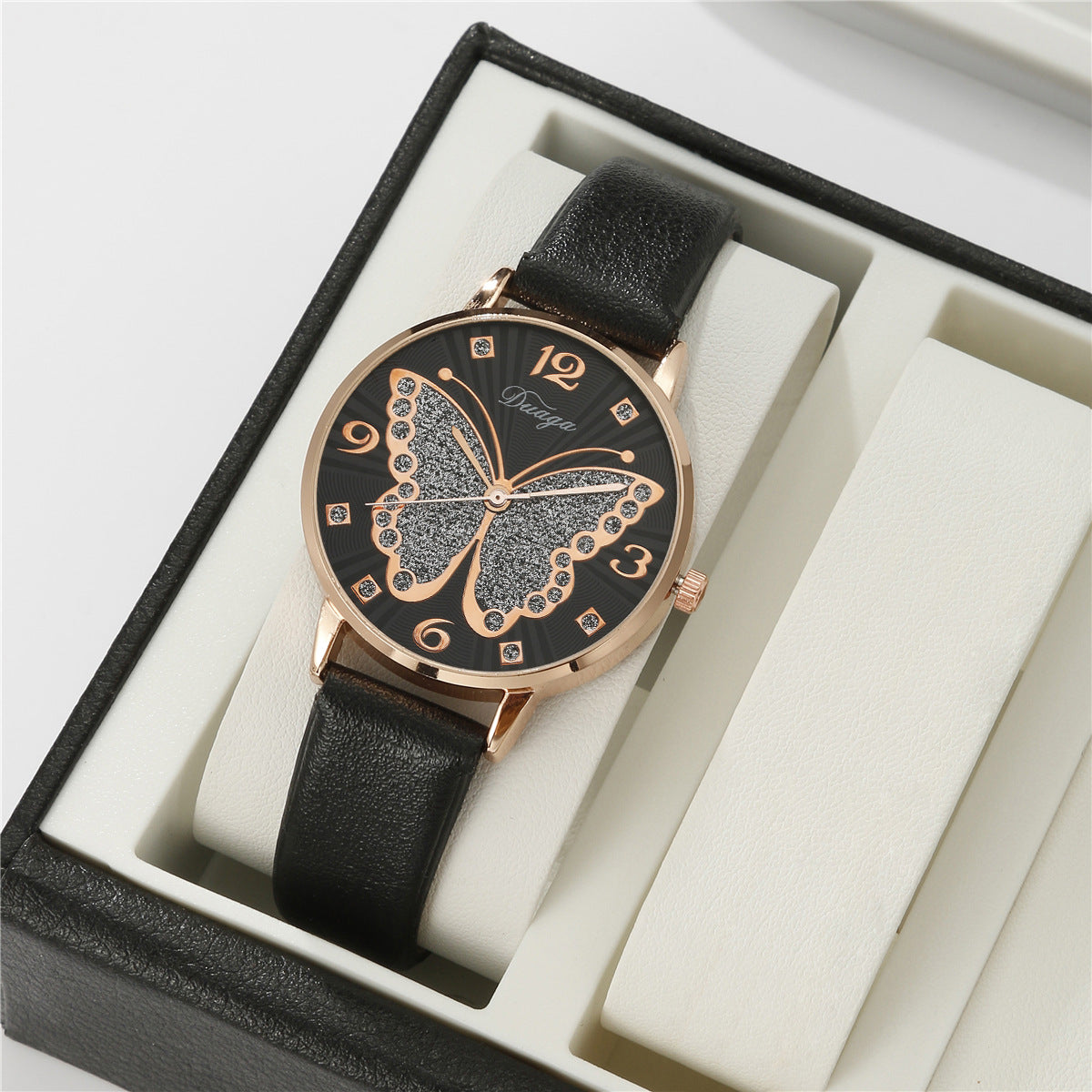 Rose Gold Diamond Butterfly Watch Pearl Jewelry Set